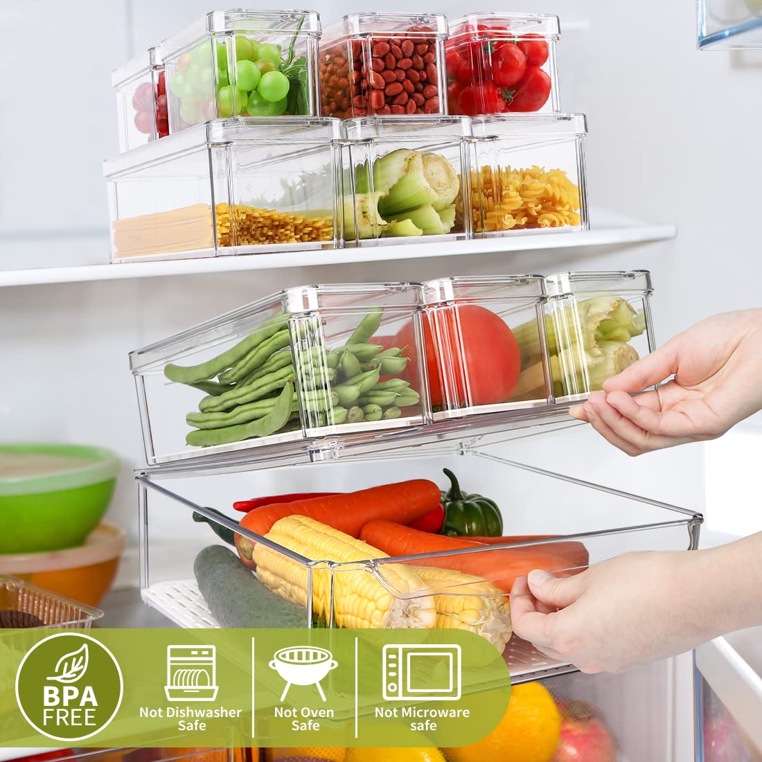 YKIOKE 10-pack medium fridge organizer with lids stores cucumbers efficiently