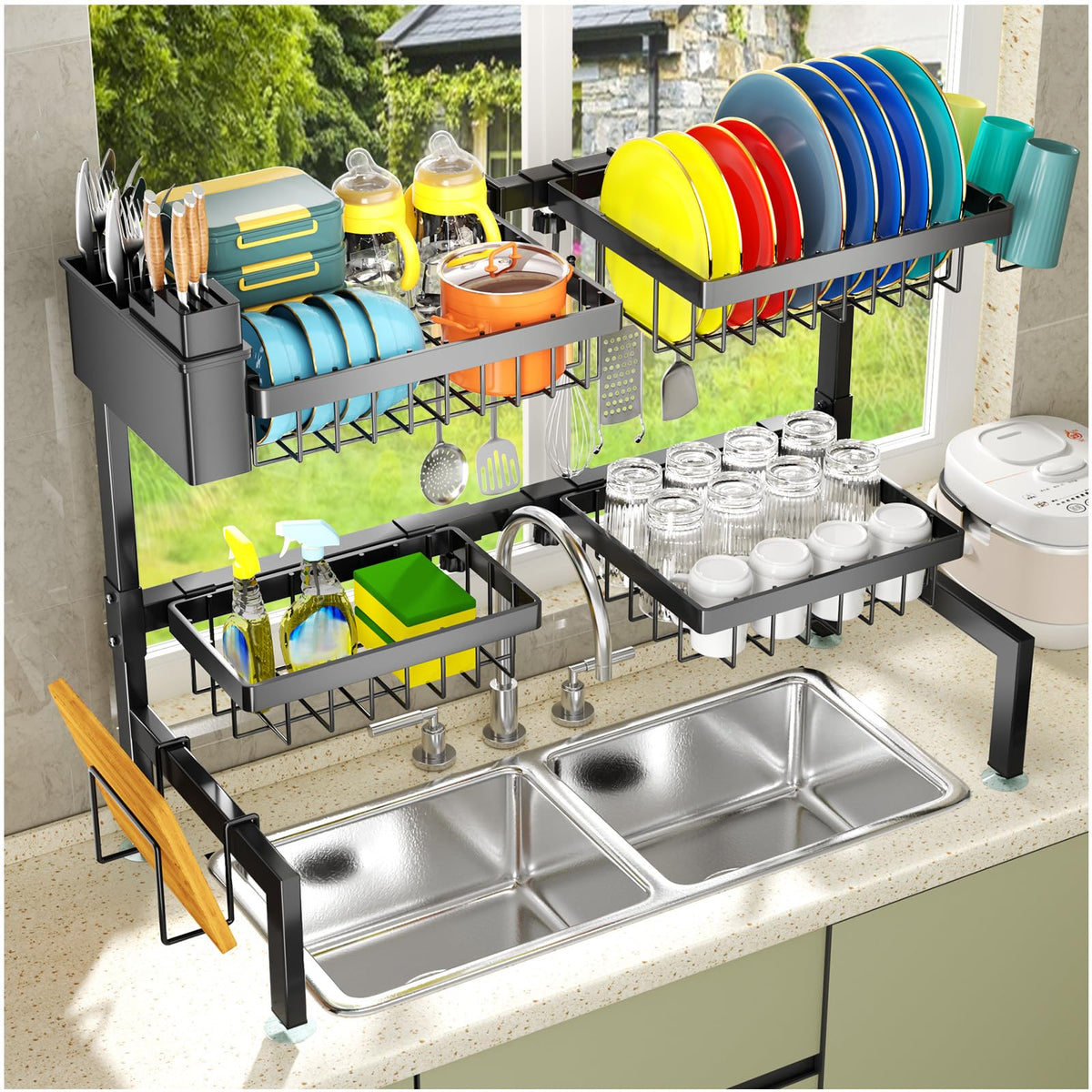YKLSLH 4-basket over-sink rack shown extended for space-saving organization.