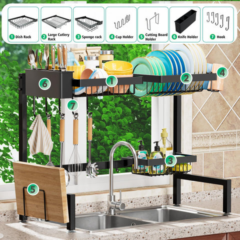 YKLSLH dish drying rack with accessories kit keeps utensils neatly within reach.