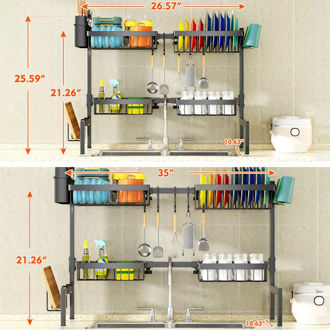 YKLSLH extendable sink rack demonstrates 24.8 to 35.4 inch range.
