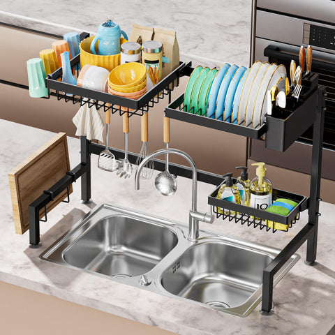 YKLSLH large-capacity kitchen rack helps organize dishes, cups, and cutlery.