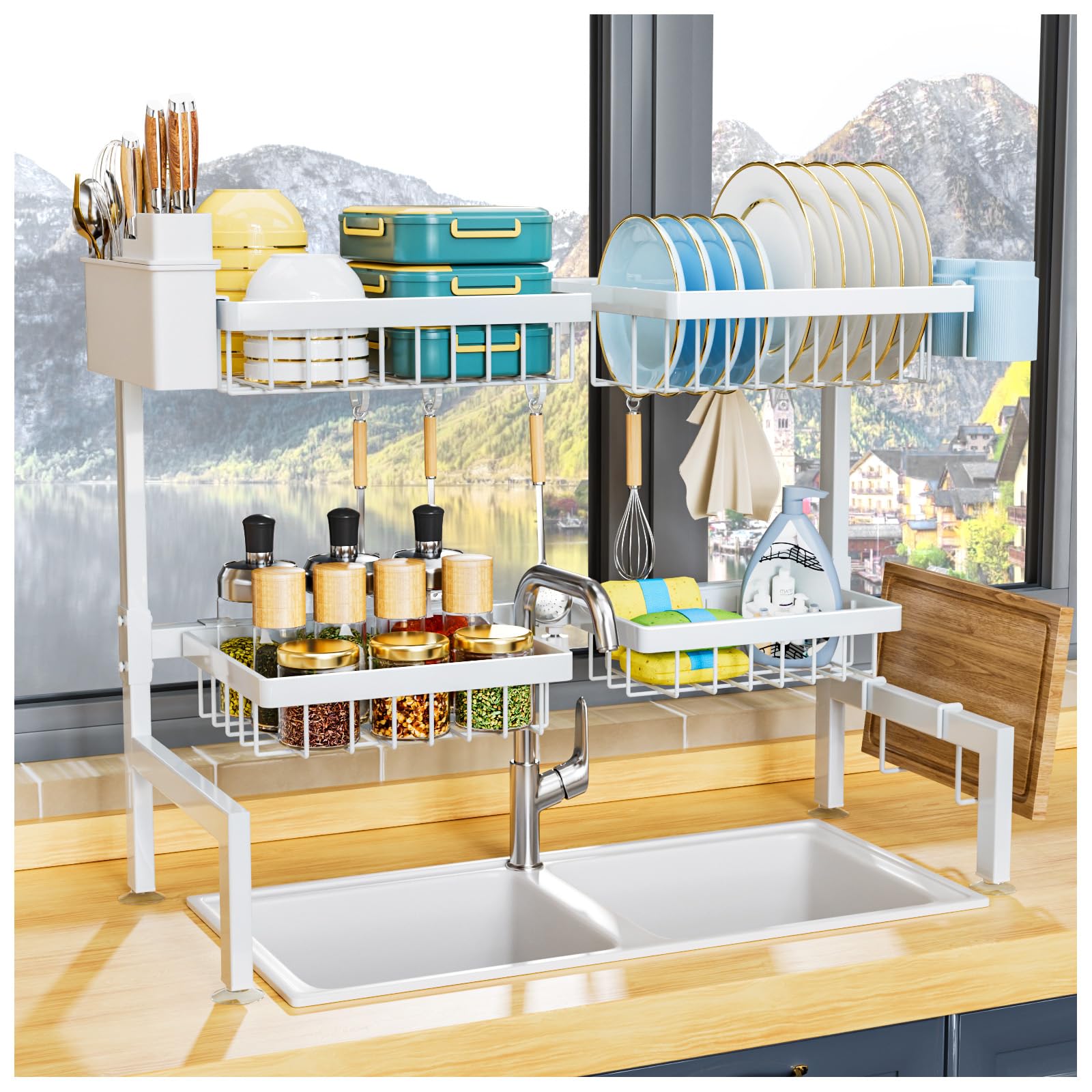 YKLSLH over-sink drying rack fully extended for maximum dish space.