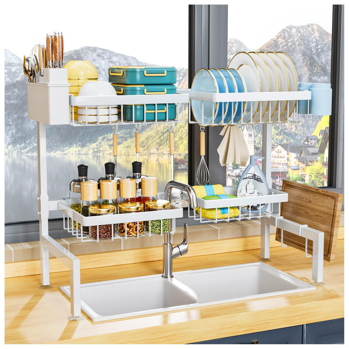 YKLSLH over-sink drying rack fully extended for maximum dish space.