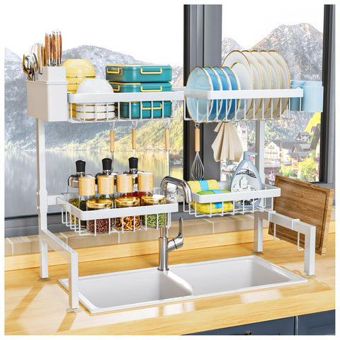 YKLSLH over-sink drying rack fully extended for maximum dish space.