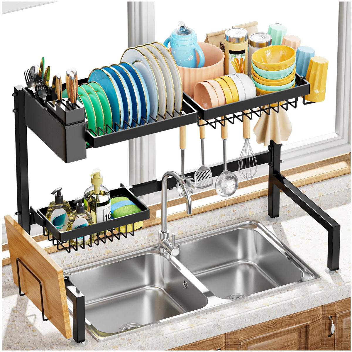YKLSLH over-the-sink drying rack extended to fit wider sinks and maximize space.