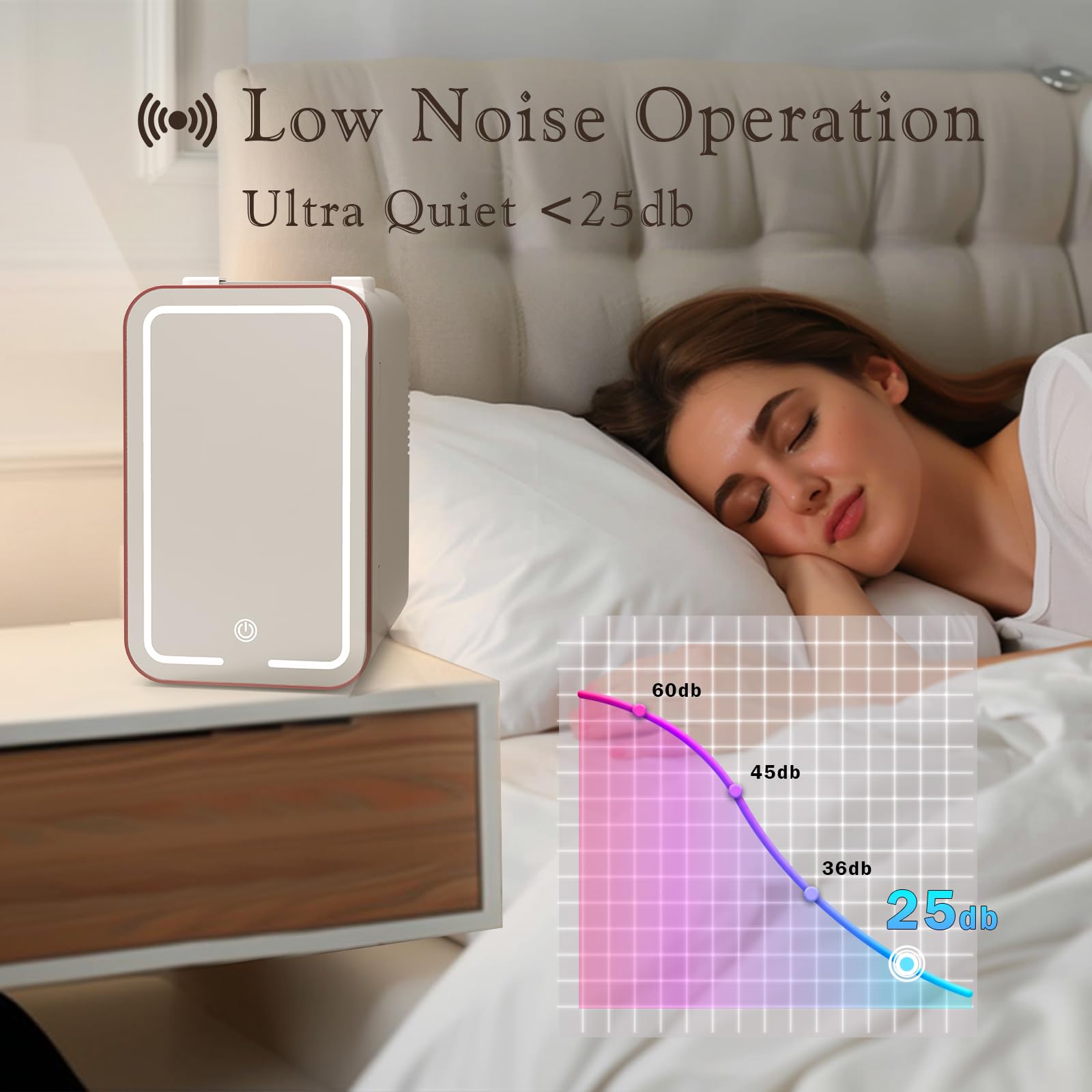 YLFU compact portable fridge fits dorm rooms and vanity spaces.