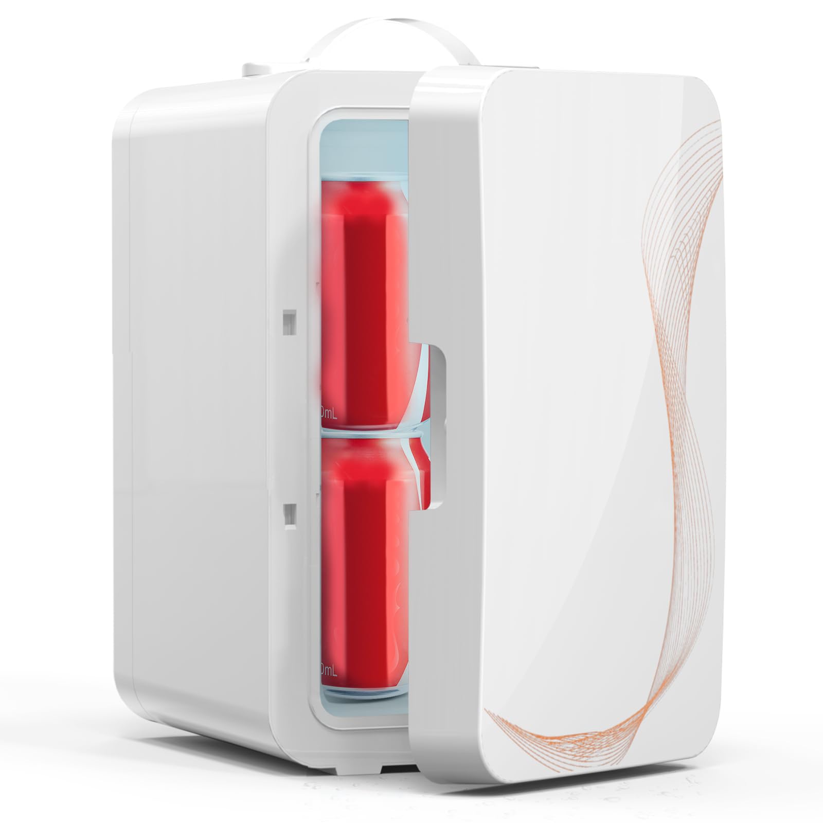 YLFU mini fridge in a bedroom with 6L capacity for skincare and beverages.
