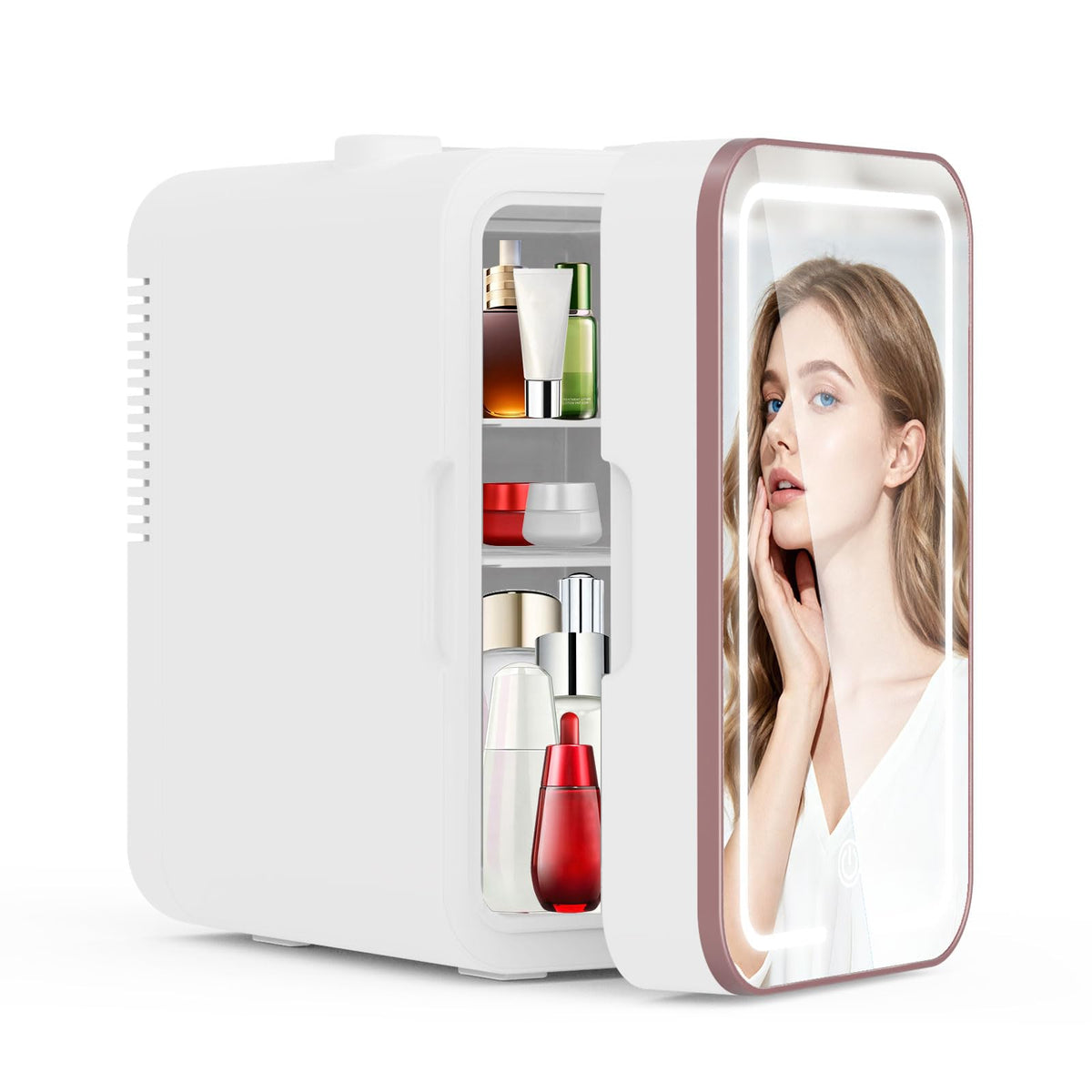 YLFU 6L mini fridge in a bedroom for skincare and drinks.