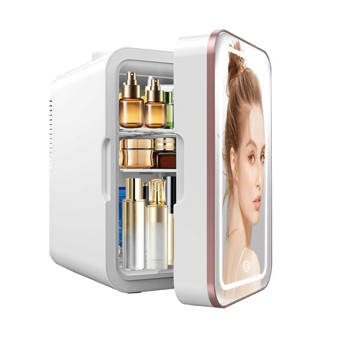 YLFU skincare fridge with front LED mirror for precise makeup lighting