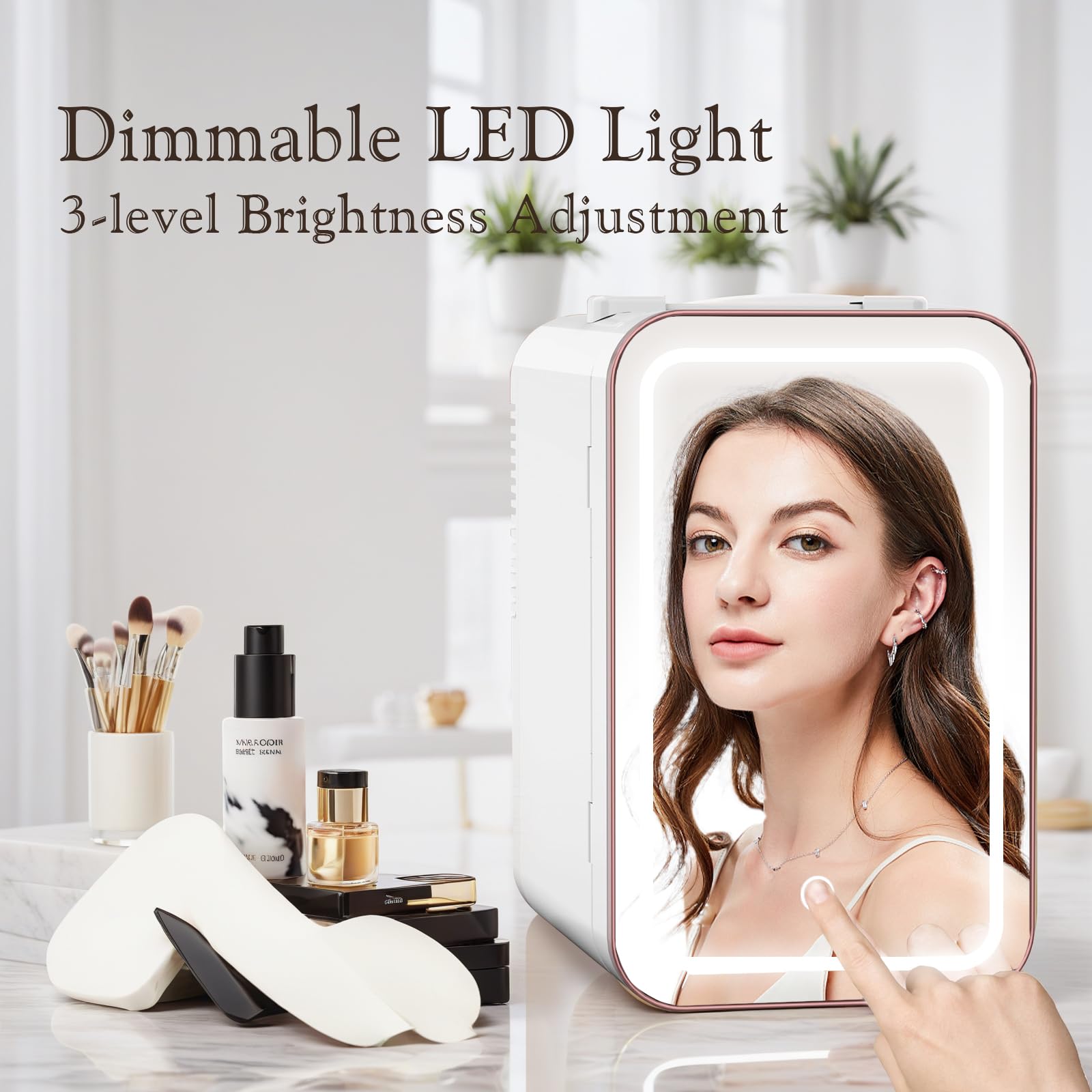 YLFU skincare fridge with LED mirror for precise makeup lighting.