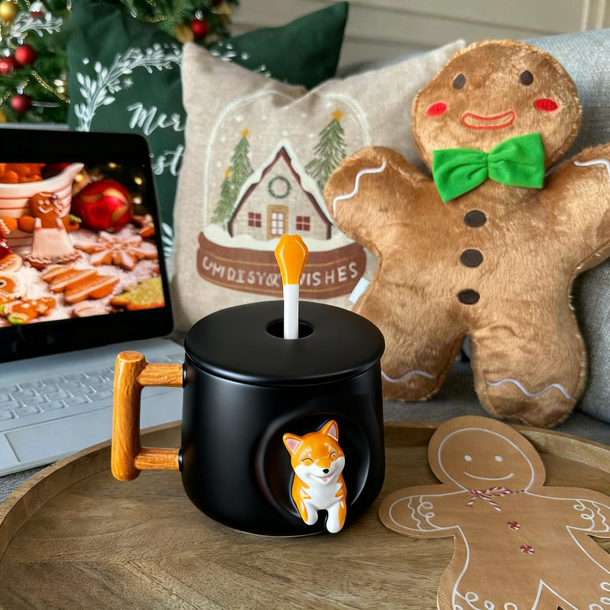 YLOKO Shiba Inu mug with lid, keeps drinks warm longer