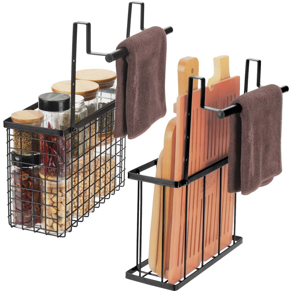 YMCCOOL 2-pack cabinet door organizer with over-the-door towel bars keeps towels handy.
