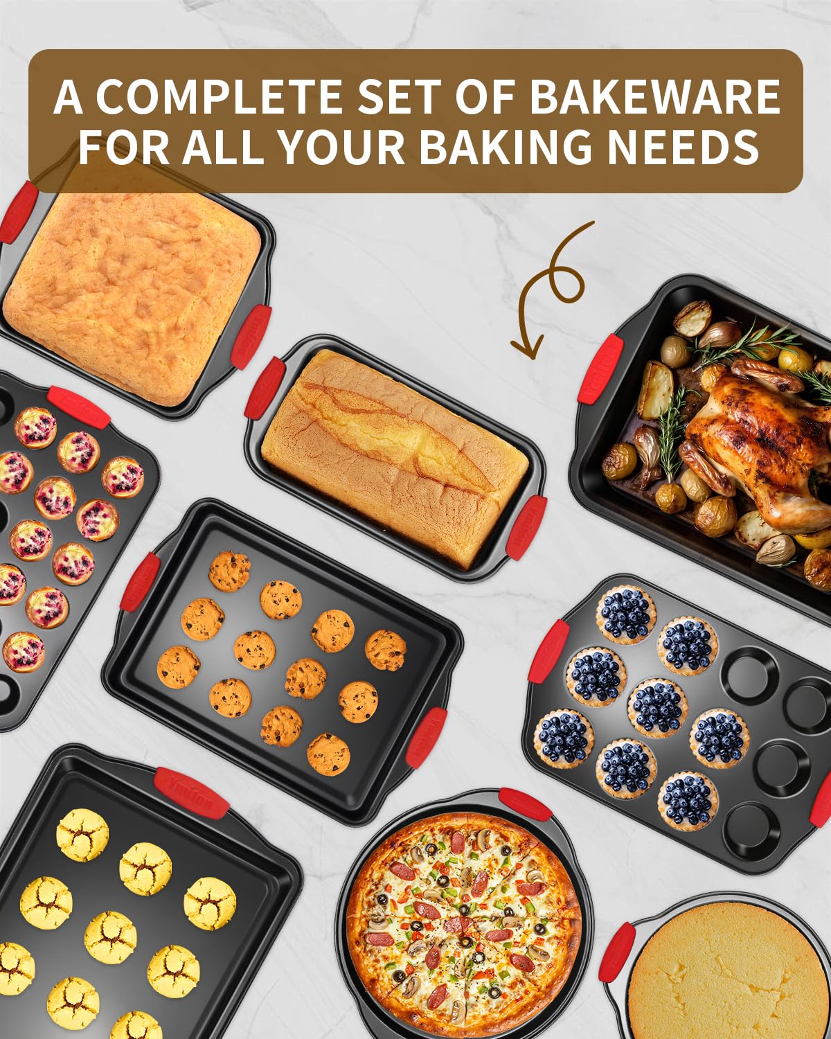 Ymiton 34-piece bakeware layout showing versatility for cookies, cakes, and roasts.