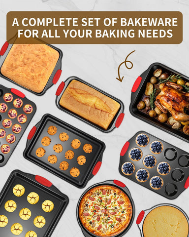Ymiton 34-piece bakeware layout showing versatility for cookies, cakes, and roasts.