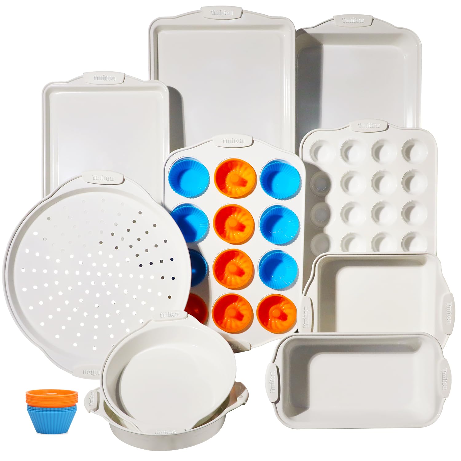 Ymiton bakeware set with silicone handles for cool-touch safety during oven use