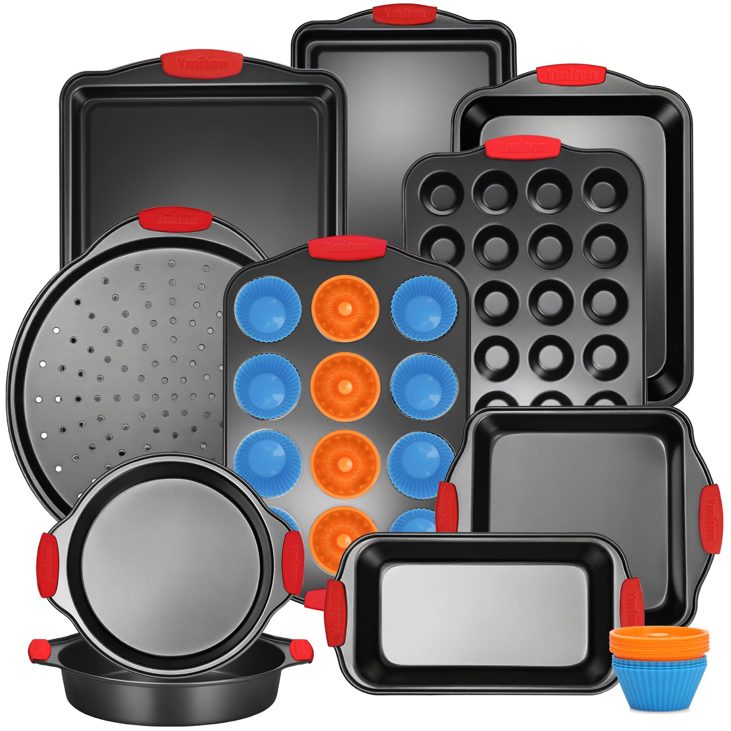 Ymiton baking pans set with silicone handles for safe grip during baking.