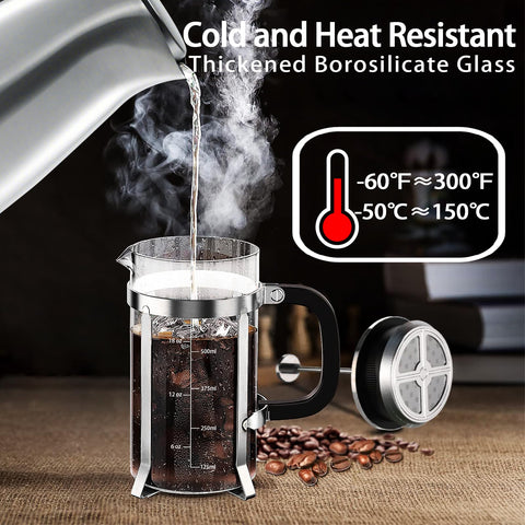 YMMIND 21oz plunger with multiple screens delivers clean, sediment-free coffee