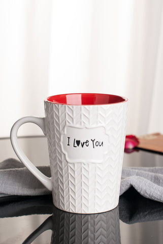 Ynsfree I Love You mug exterior with geometric relief adds tactile grip.
