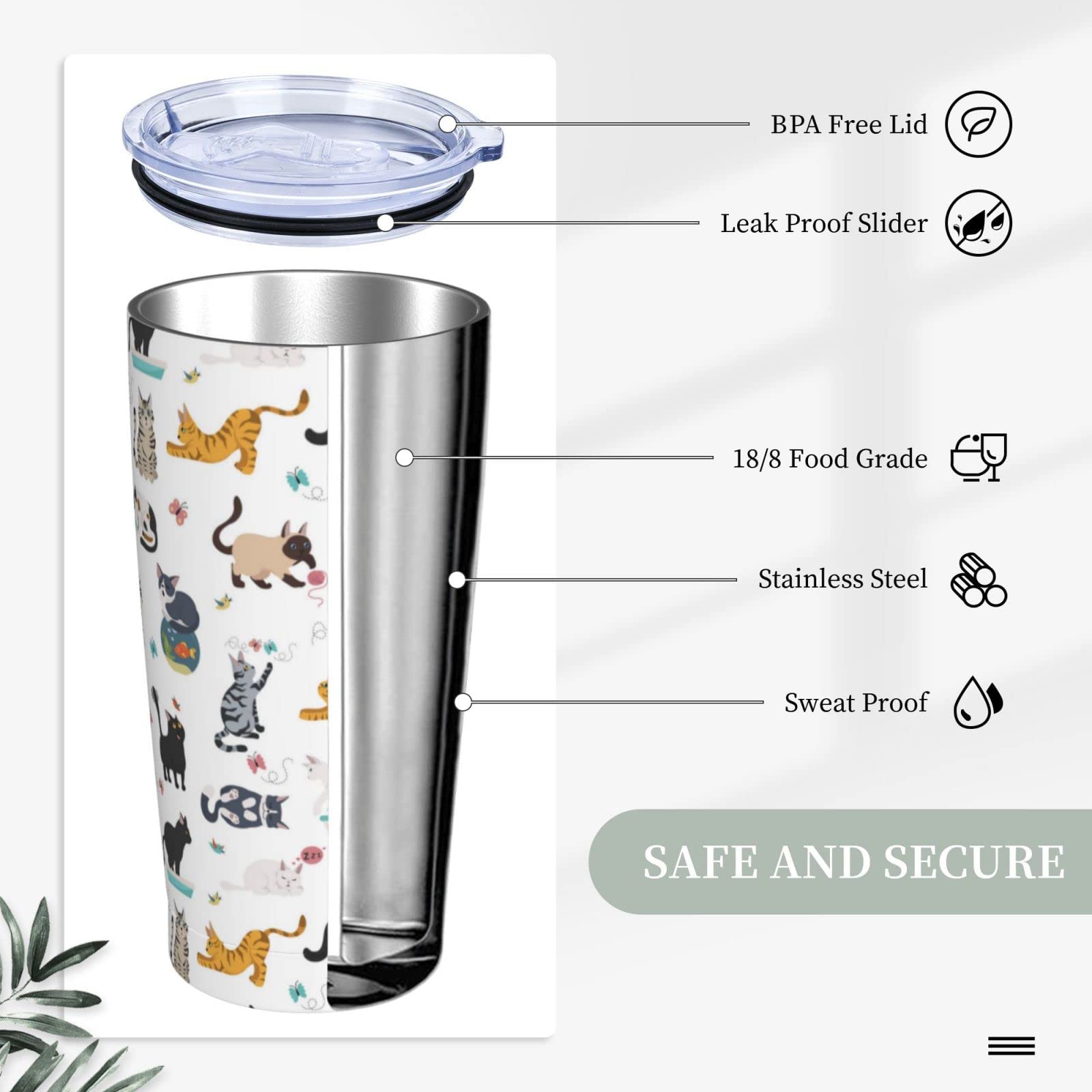Yobvec 20oz insulated cat mug keeps drinks cool for hours.