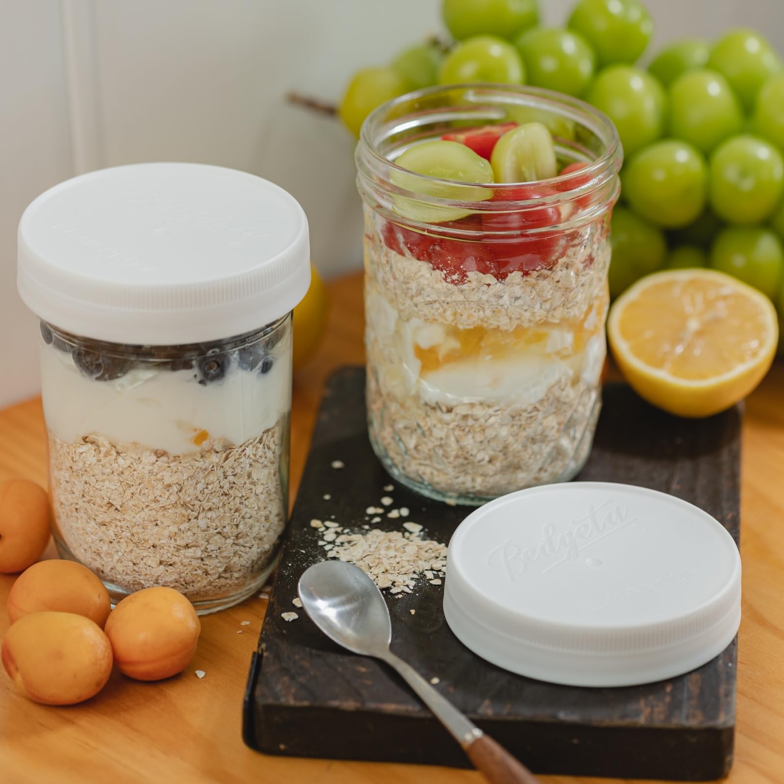 Yodecy jars with silver metal lids provide airtight seal and freshness
