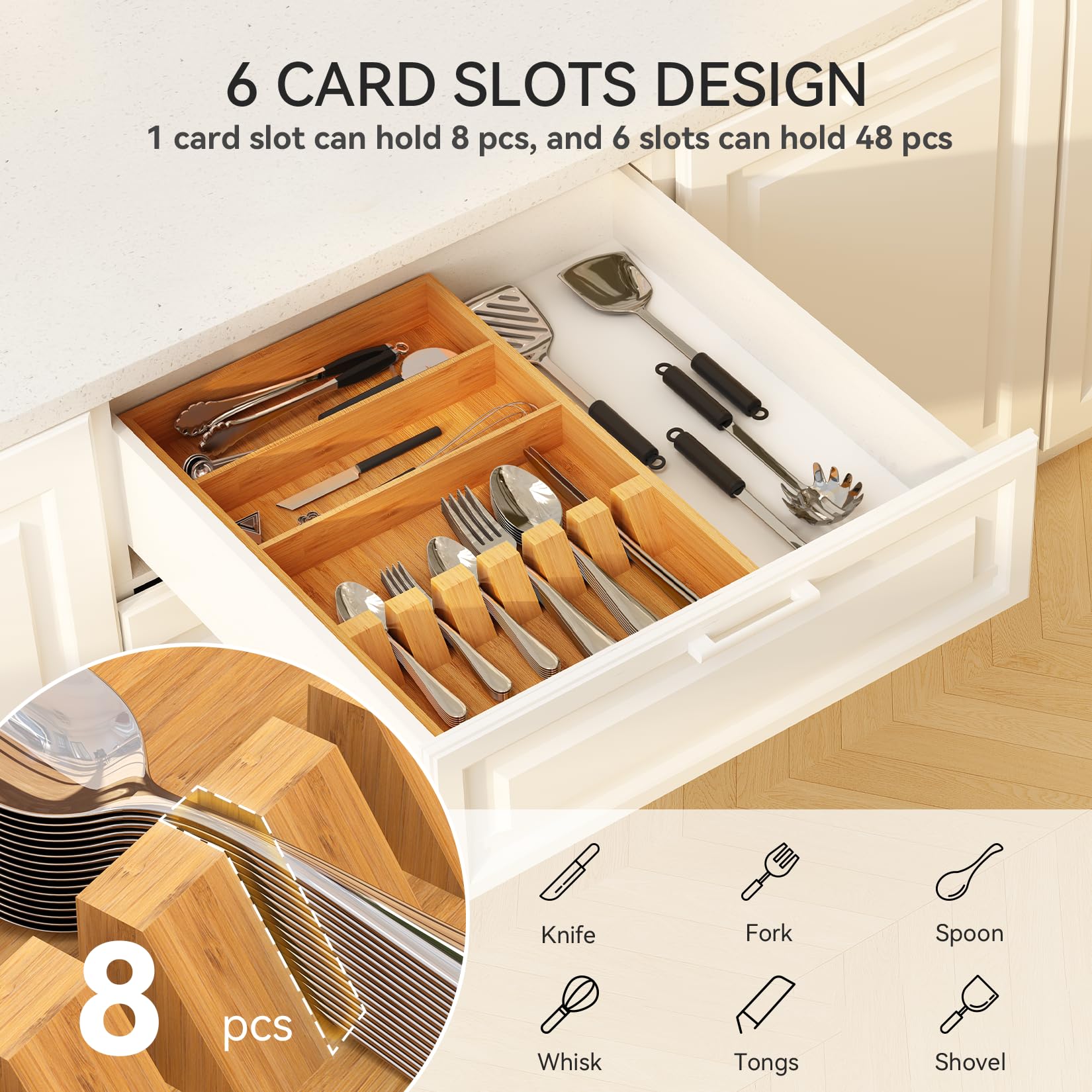 Yofidra bamboo silverware organizer fixed-slots close-up showing stability