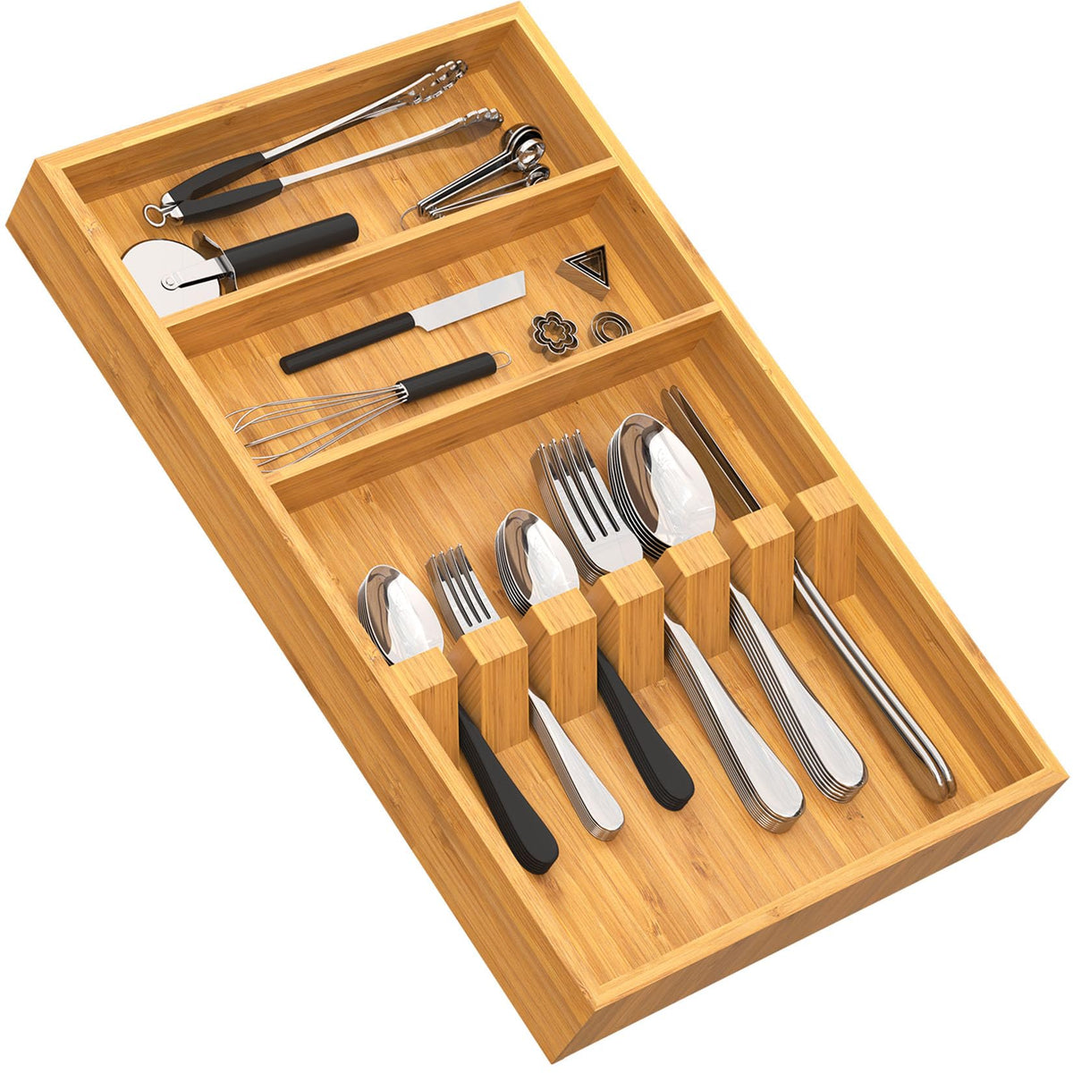 Yofidra bamboo silverware organizer front view showing fixed slots for neat cutlery