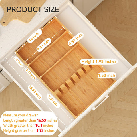 Yofidra bamboo silverware organizer size comparison with ruler