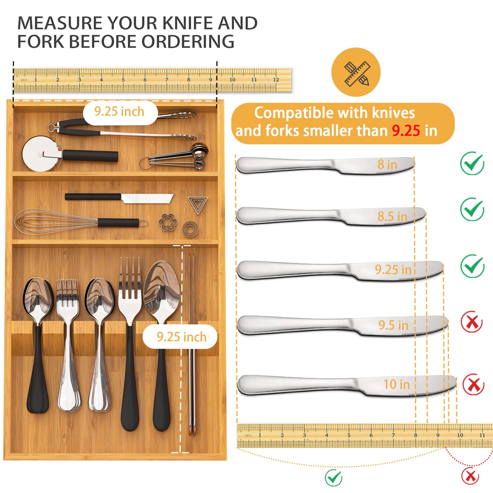 Yofidra bamboo silverware organizer top-down view with defined compartments for easy access