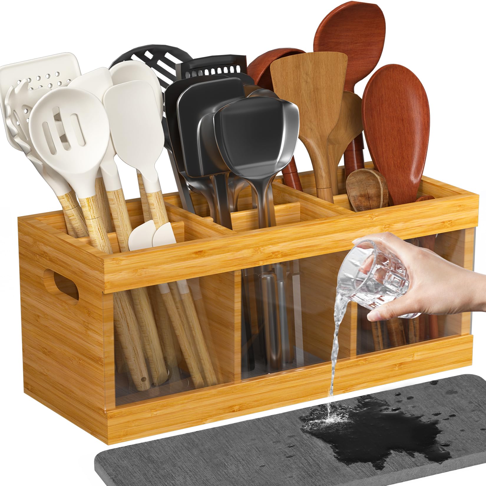 Yofidra bamboo utensil holder with six compartments for easy access on the counter