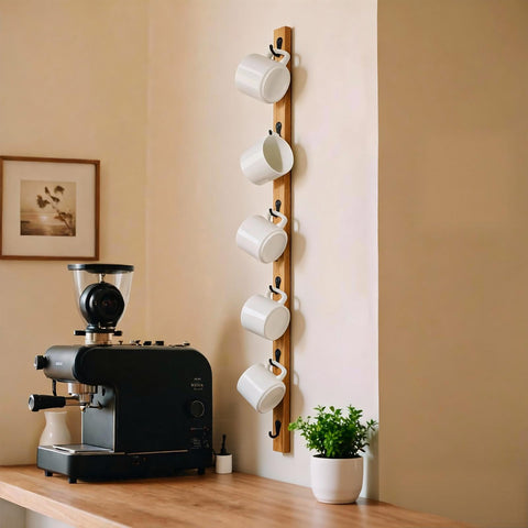 Yohsnor wall-mounted mug rack with six hooks for organized kitchen storage.