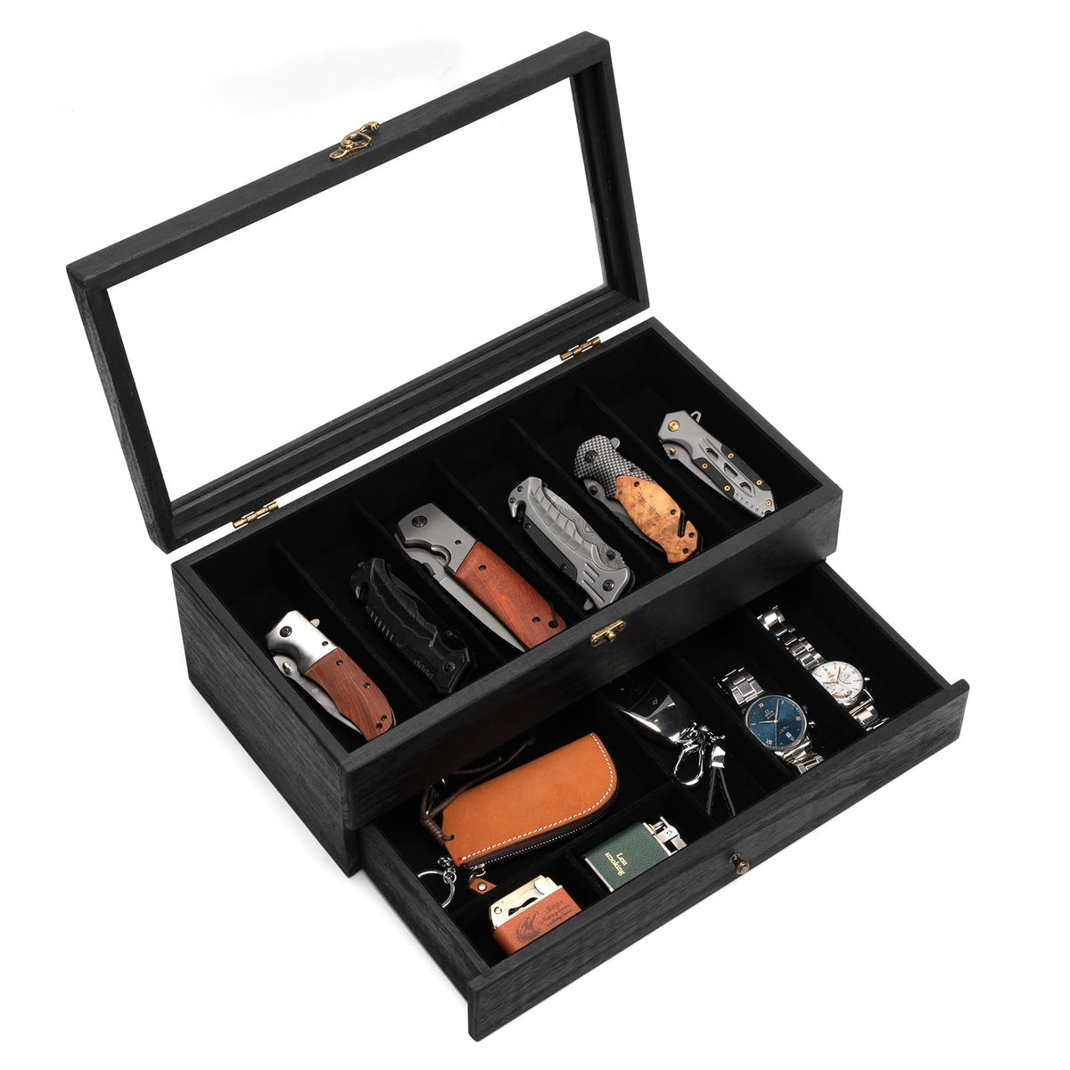 Yoimori 2-layer knife case with open lid for quick access to organized knife slots.