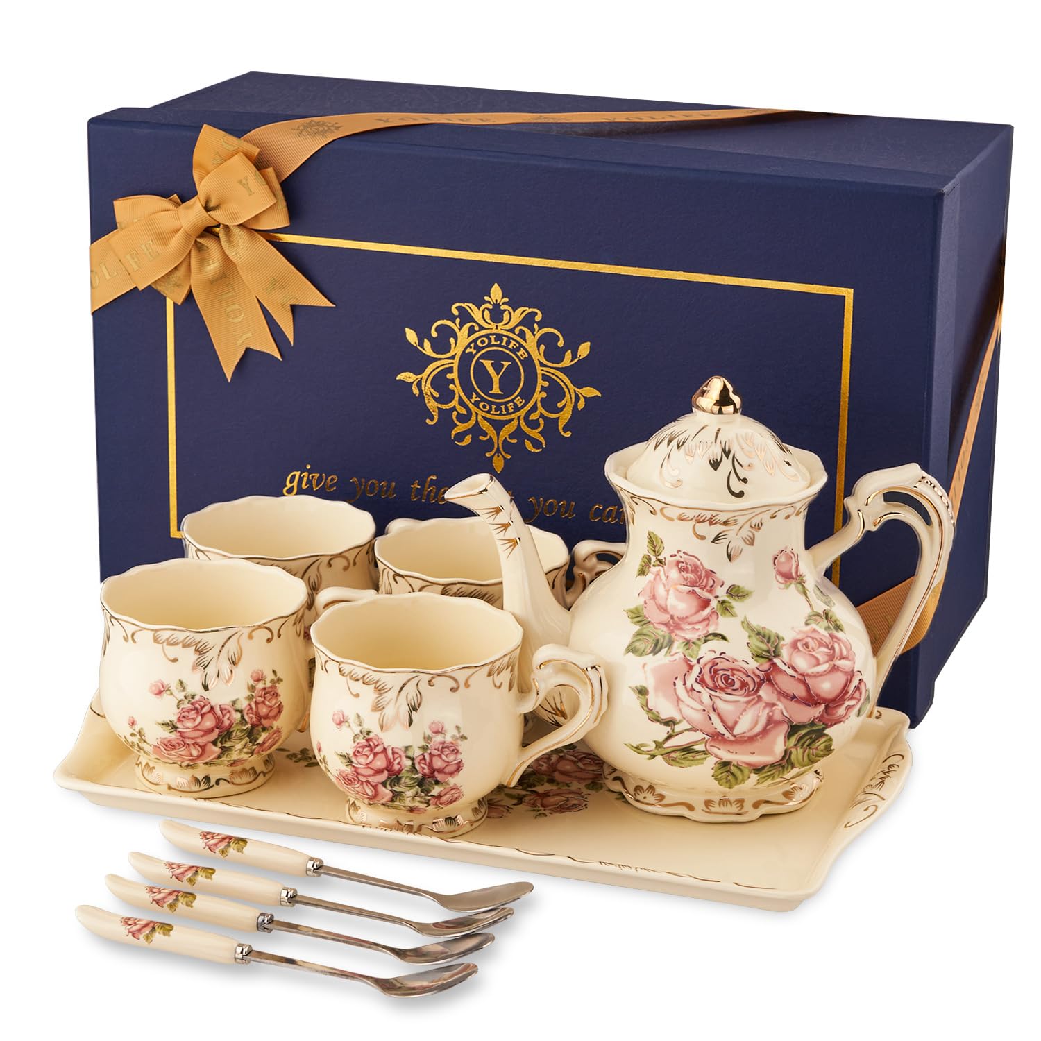 YOLIFE Vintage Rose teapot with ornate porcelain design for refined tea parties.