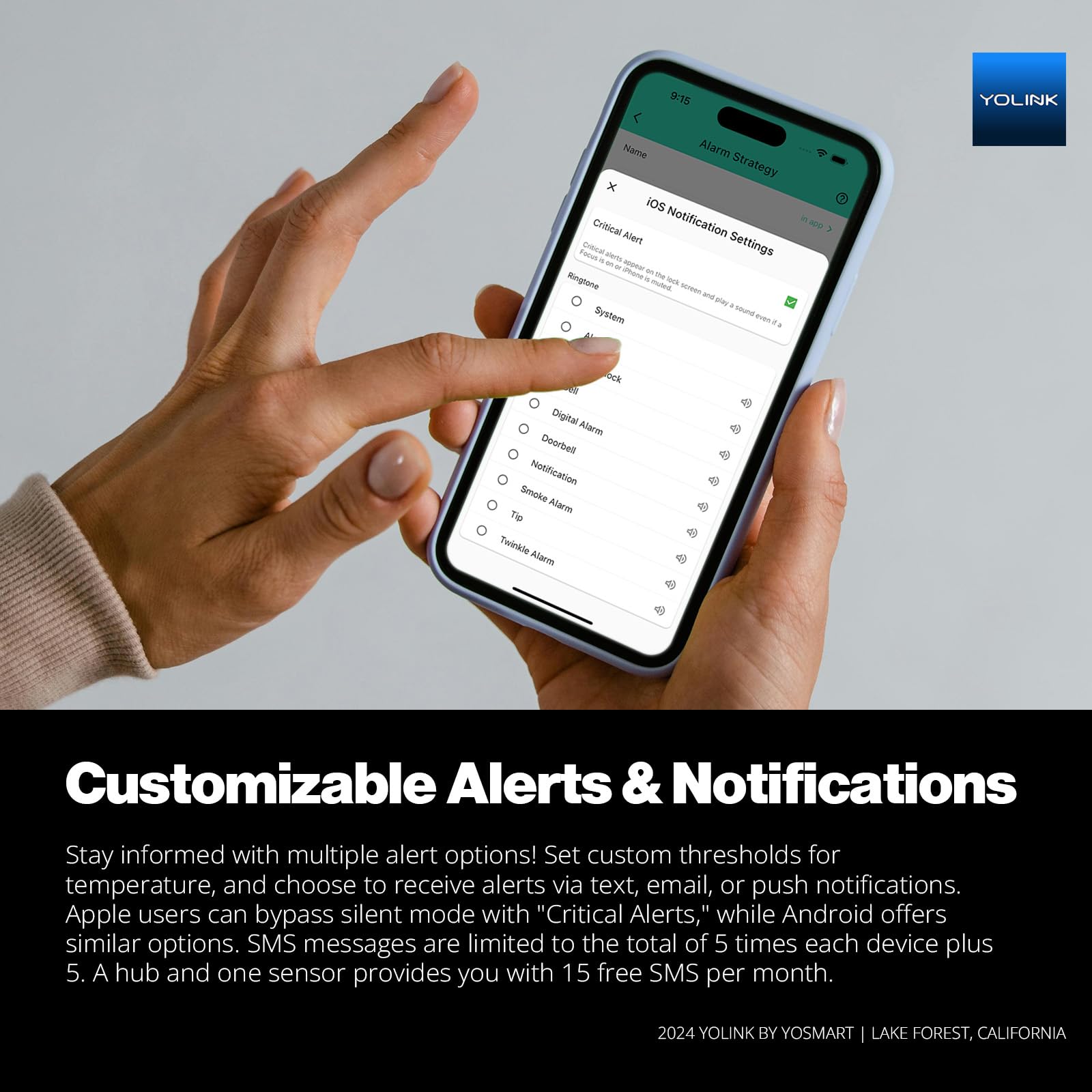 YoLink app notifications dashboard emphasizes real-time temperature alerts and history