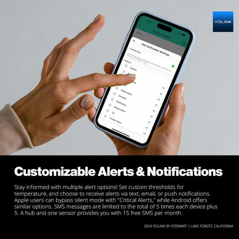 YoLink app notifications dashboard emphasizes real-time temperature alerts and history