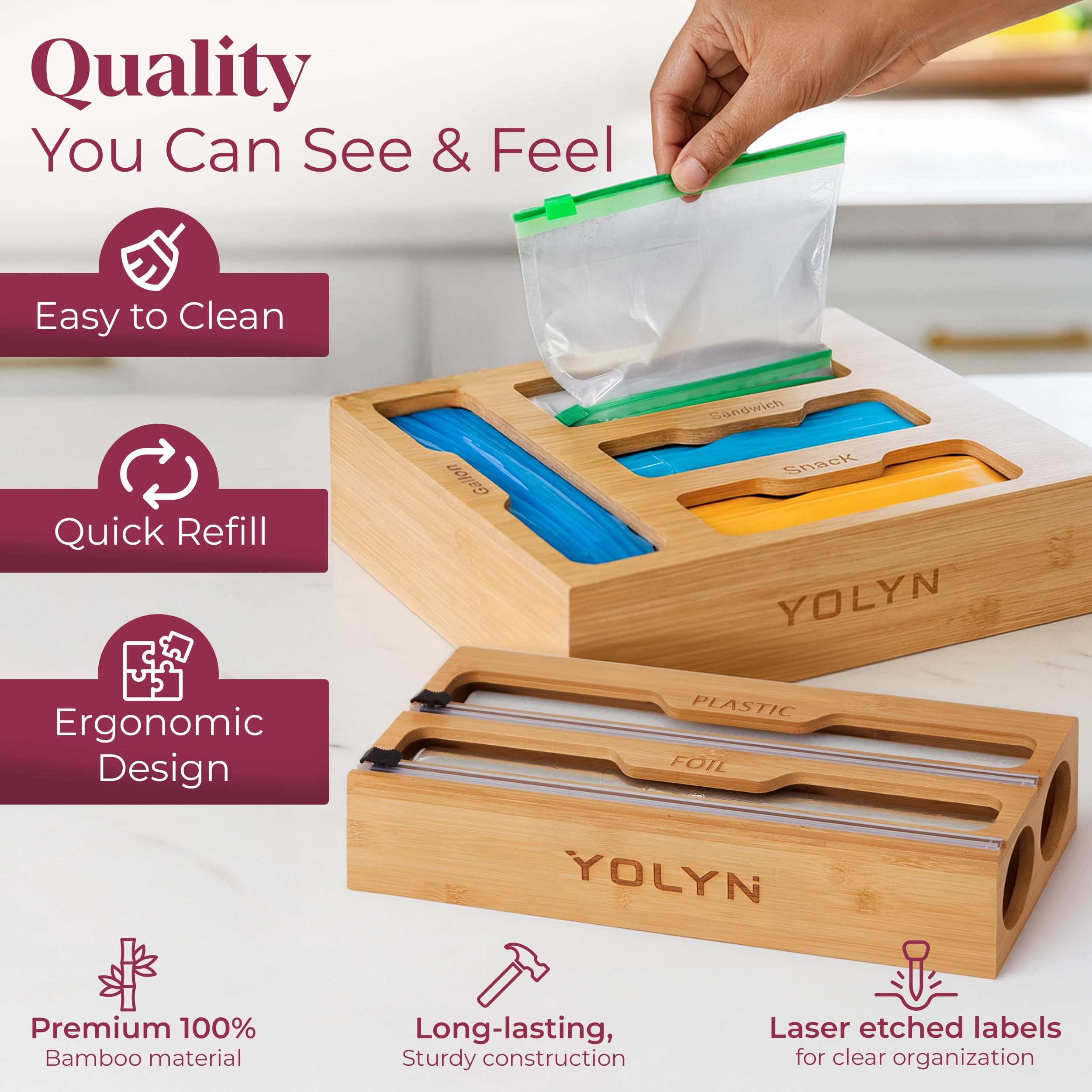 YOLYN drawer-organization with bag storage in a bamboo frame