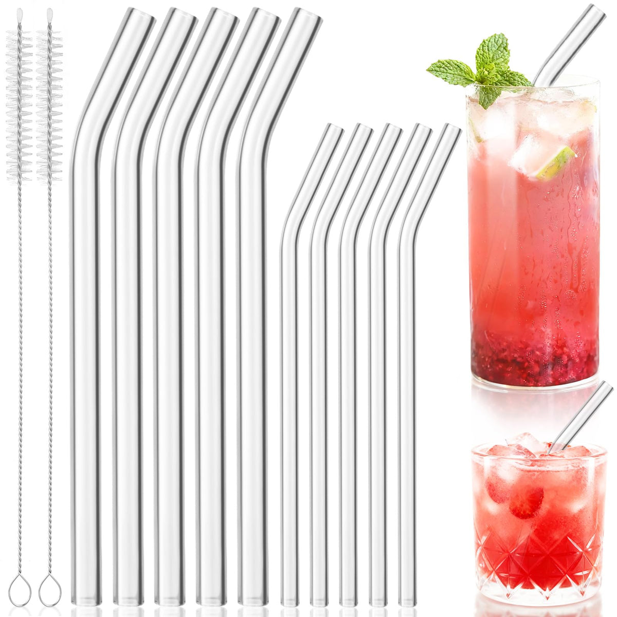 Yomarket bent glass straw 8in 8mm for hot and cold drinks, durable and reusable