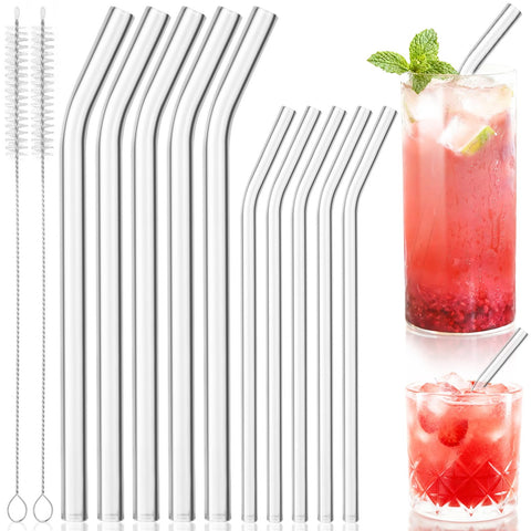 Yomarket bent glass straw 8in 8mm for hot and cold drinks, durable and reusable