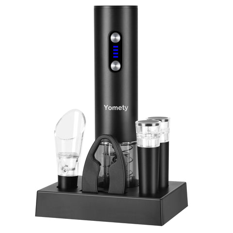 Yomety electric opener base on a stylish countertop showing organized accessory storage
