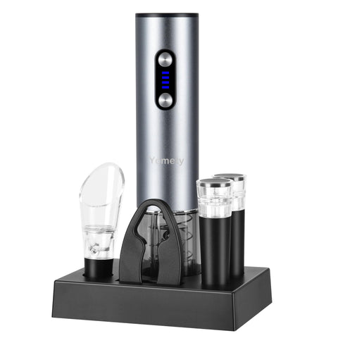 Yomety electric wine opener with base for quick cork removal and neat storage.