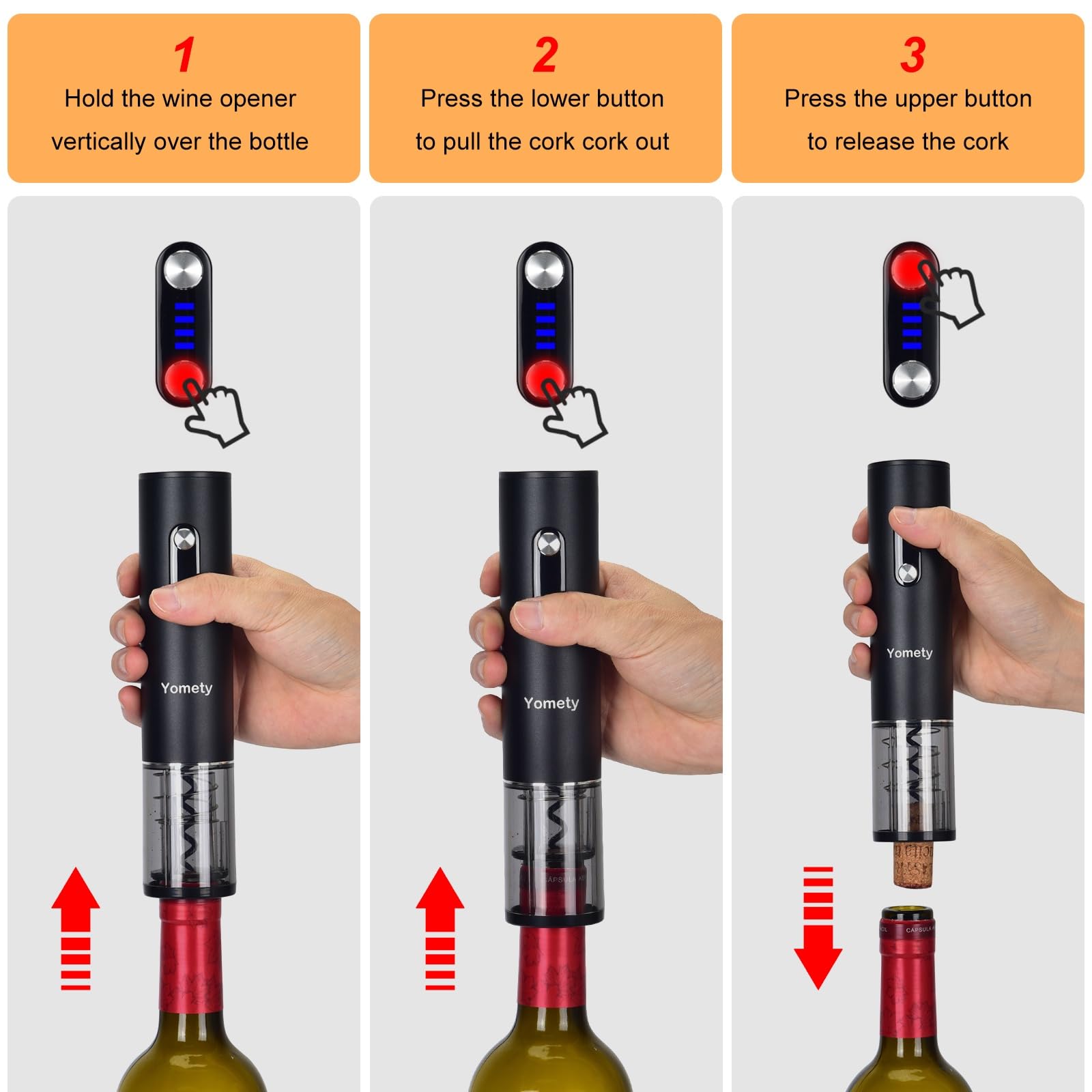 Yomety rechargeable corkscrew removes a cork with a single press