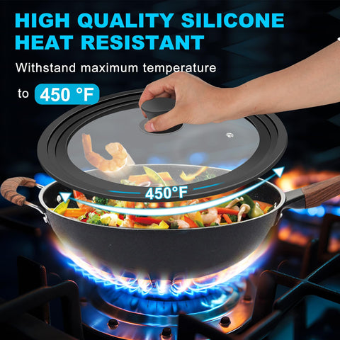 YOMUME lid with heat-resistant handle stays cool for safe lifting during cooking.