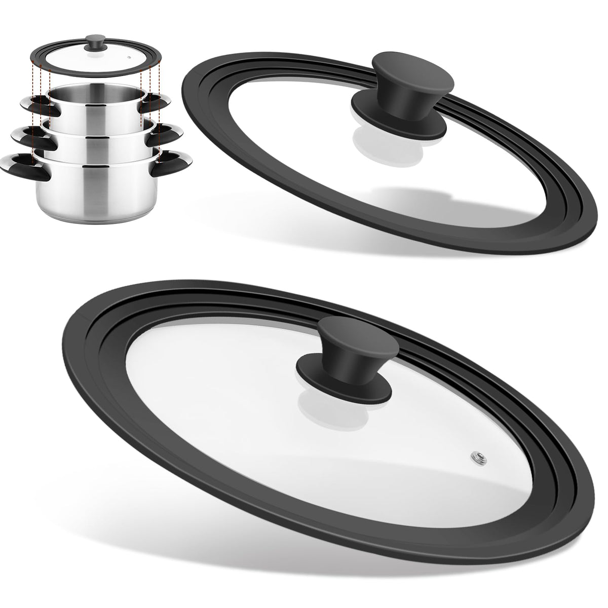 YOMUME universal lid fits 10-12 inch cookware for versatile cooking and easy monitoring.