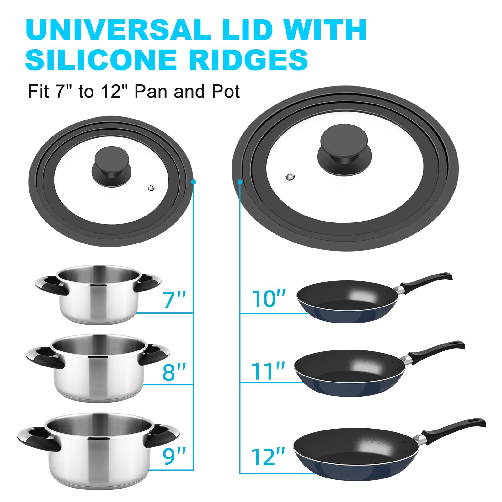 YOMUME universal lid fits 7-9 inch cookware for compact kitchens and reduced splatter.
