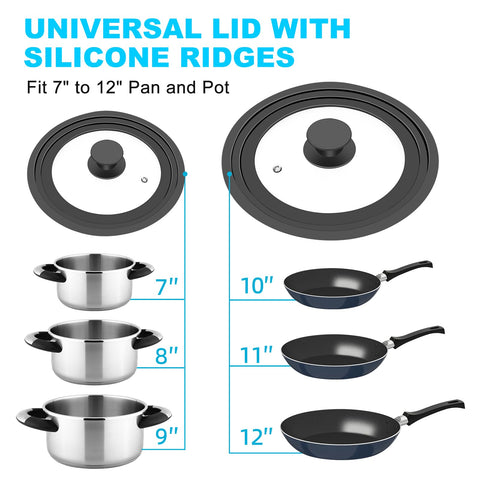 YOMUME universal lid fits 7-9 inch cookware for compact kitchens and reduced splatter.