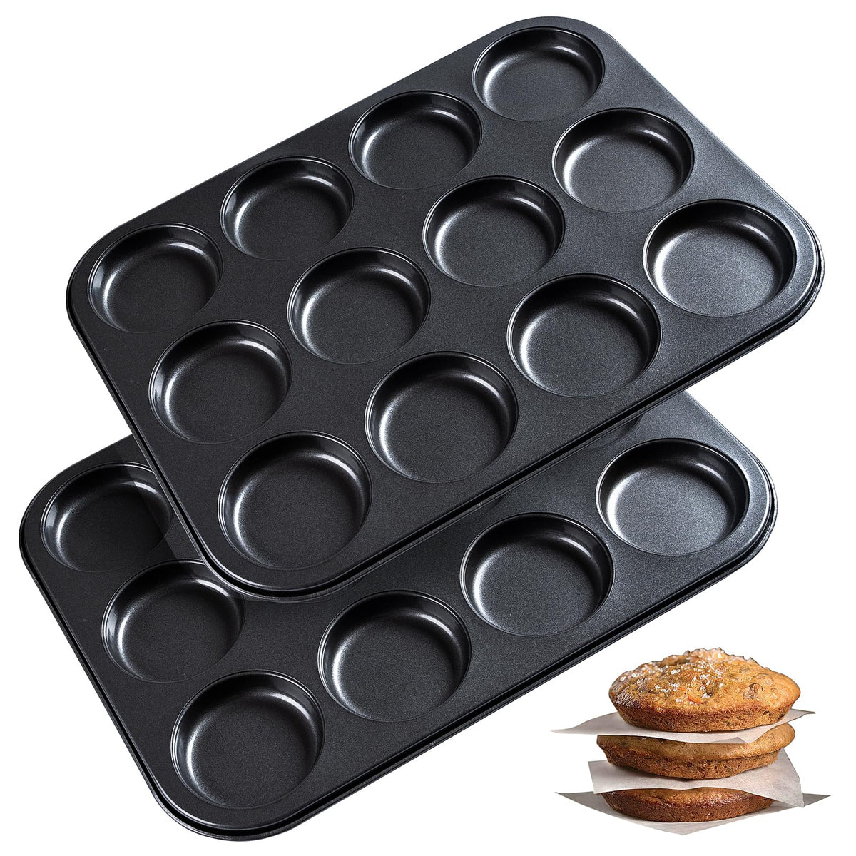 Yomvzake muffin top pan 2-pack, easy release nonstick surface for quick baked treats.