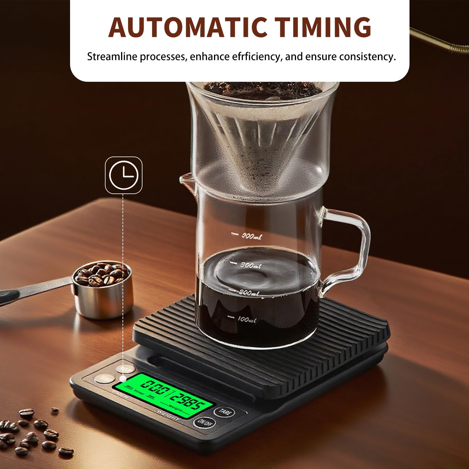 Yoncon scale shows 0.1g precision for espresso dosing.