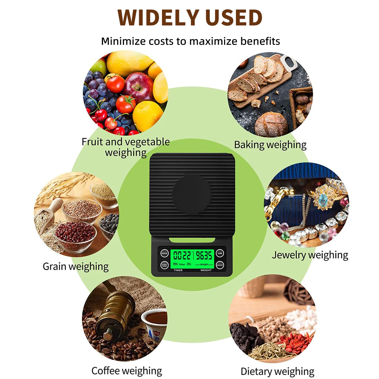 Yoncon packaging includes scale, mat, batteries and manual.