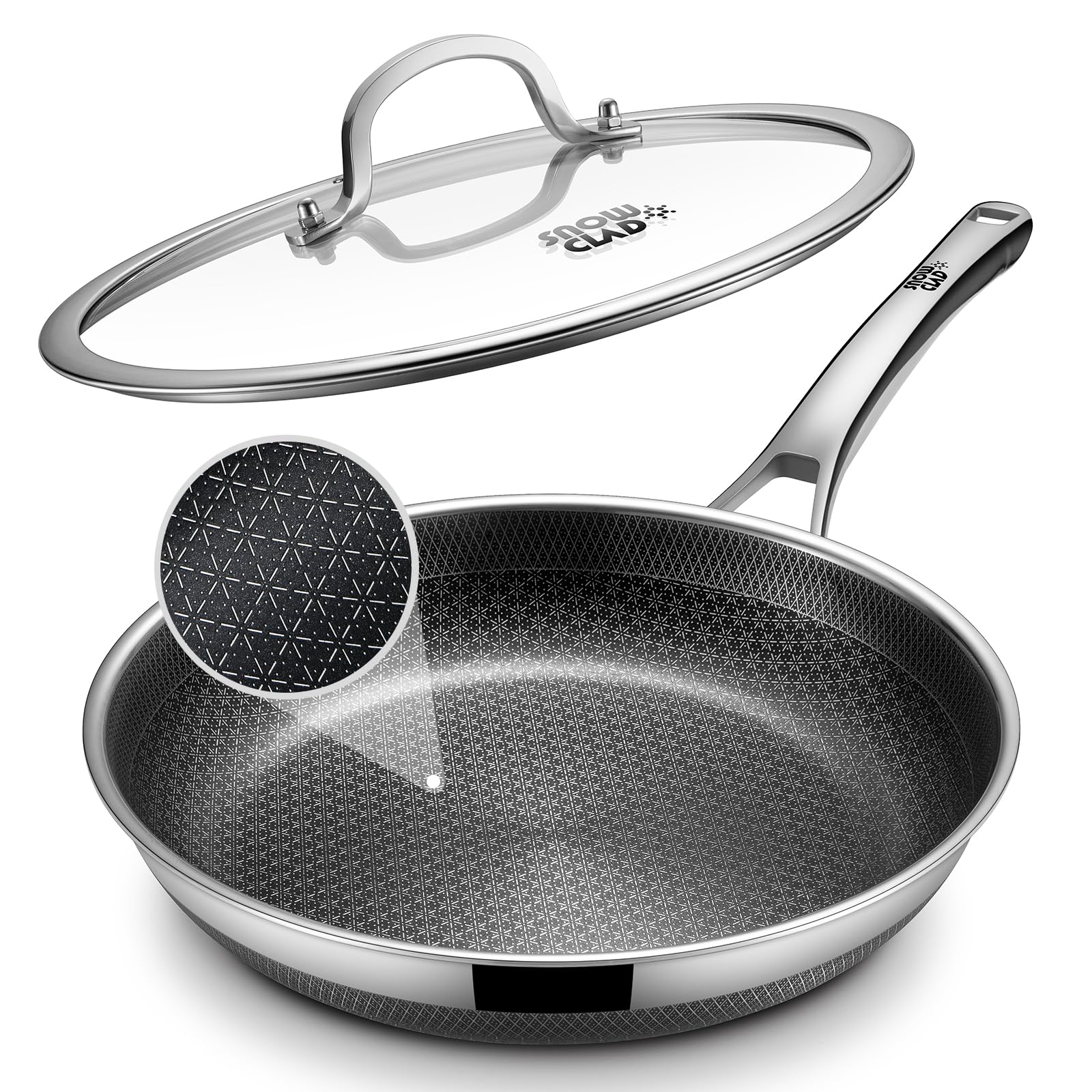 Yonida 12-inch non-stick frying pan with lid on stove for easy cooking.