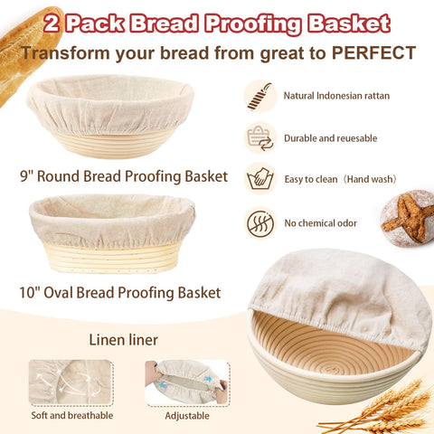 Yonill 9-inch round banneton basket with linen cloth for shaping