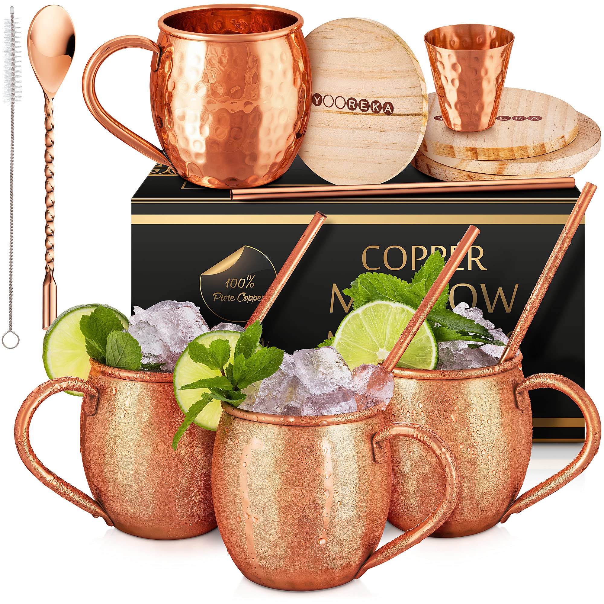 Yooreka Moscow Mule mugs 4-pack with hammered copper finish and ergonomic handles.